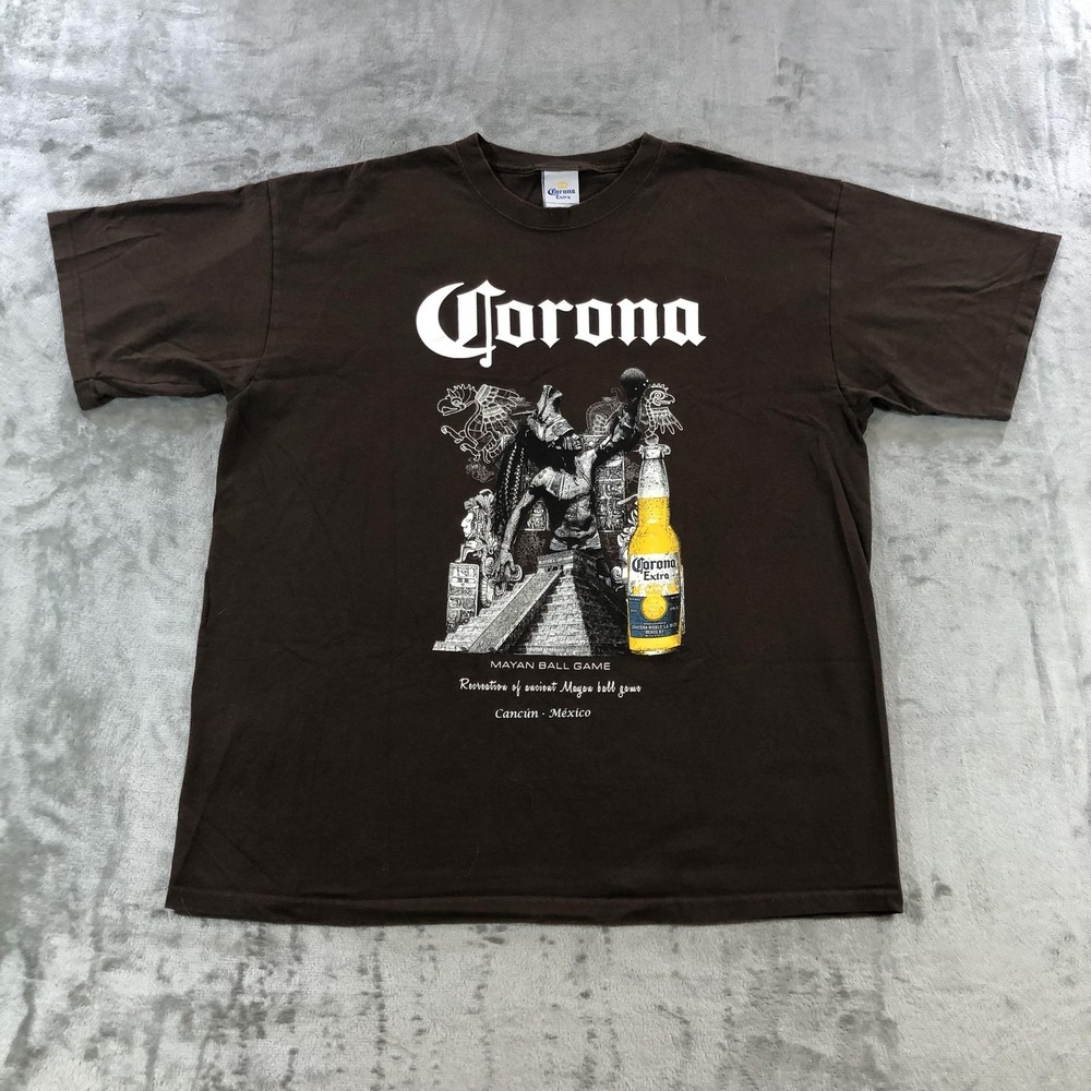 vtg Corona Extra Shirt Mens Large Brown Mayan Ball Game Graphic Beer Tee Mexico